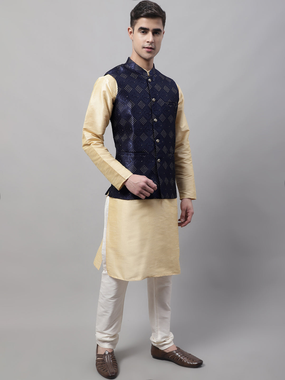Jompers Men's Golden Solid Kurta Pyjama with Navy Blue Woven Design Nehru Jacket | Grocsy