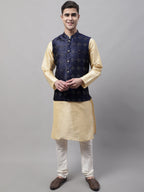 Jompers Men's Golden Solid Kurta Pyjama with Navy Blue Woven Design Nehru Jacket | Grocsy