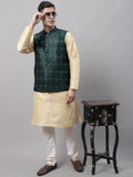 Jompers Men's Golden Solid Kurta Pyjama with Olive Woven Design Nehru Jacket | Grocsy
