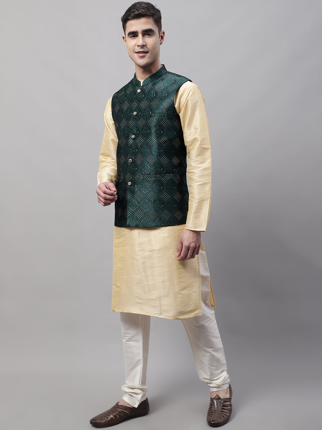 Jompers Men's Golden Solid Kurta Pyjama with Olive Woven Design Nehru Jacket | Grocsy