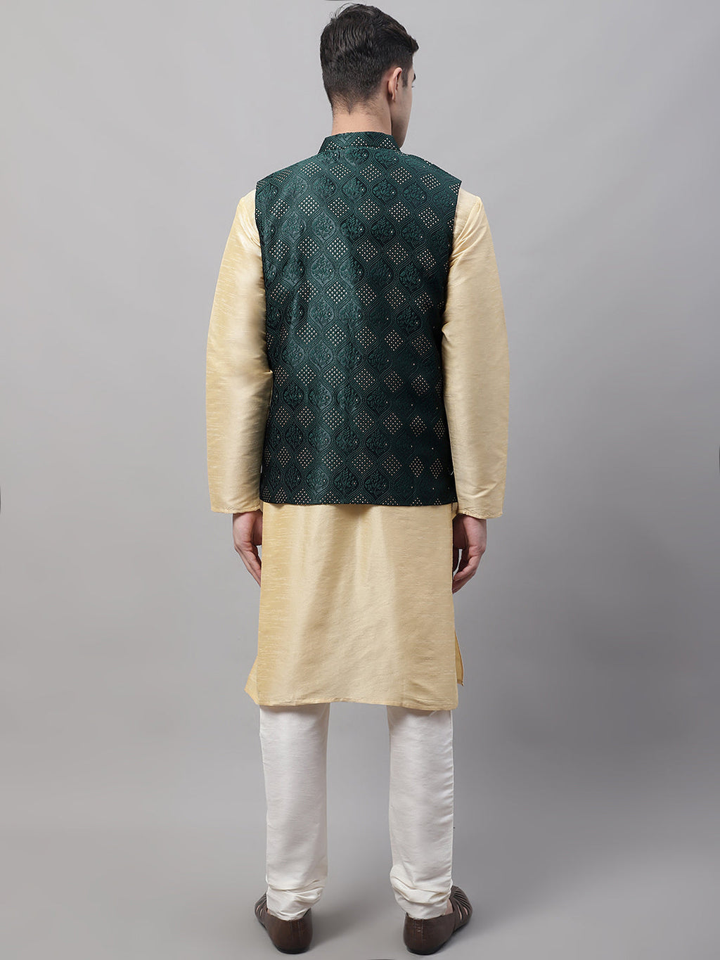 Jompers Men's Golden Solid Kurta Pyjama with Olive Woven Design Nehru Jacket | Grocsy