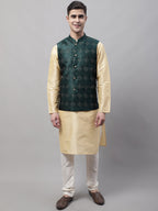 Jompers Men's Golden Solid Kurta Pyjama with Olive Woven Design Nehru Jacket | Grocsy