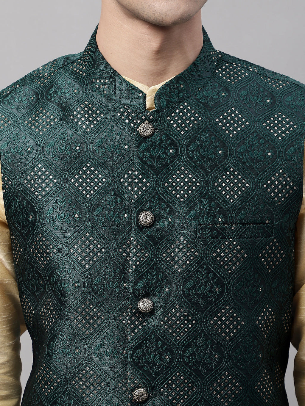 Jompers Men's Golden Solid Kurta Pyjama with Olive Woven Design Nehru Jacket | Grocsy