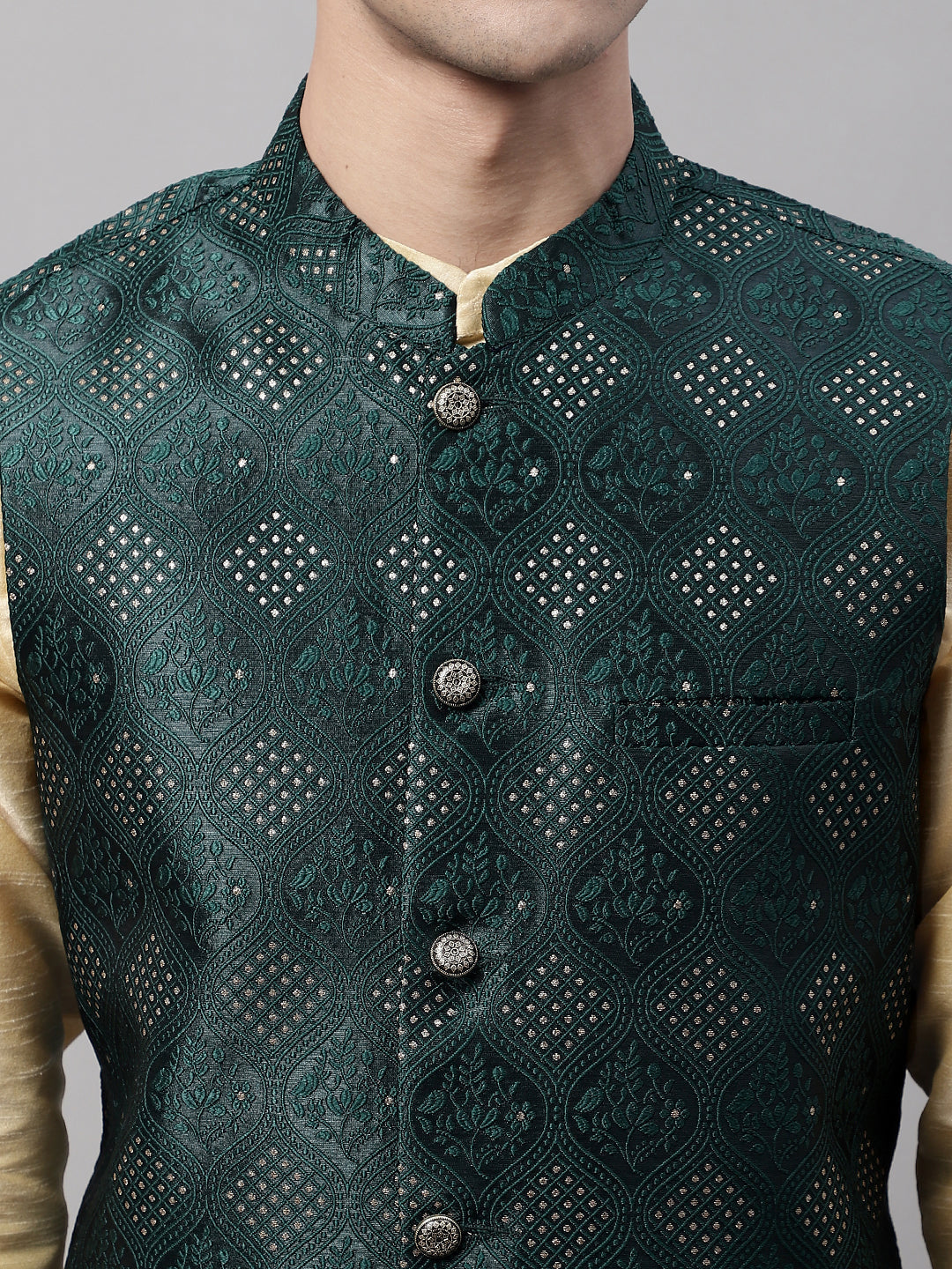 Jompers Men's Golden Solid Kurta Pyjama with Olive Woven Design Nehru Jacket | Grocsy