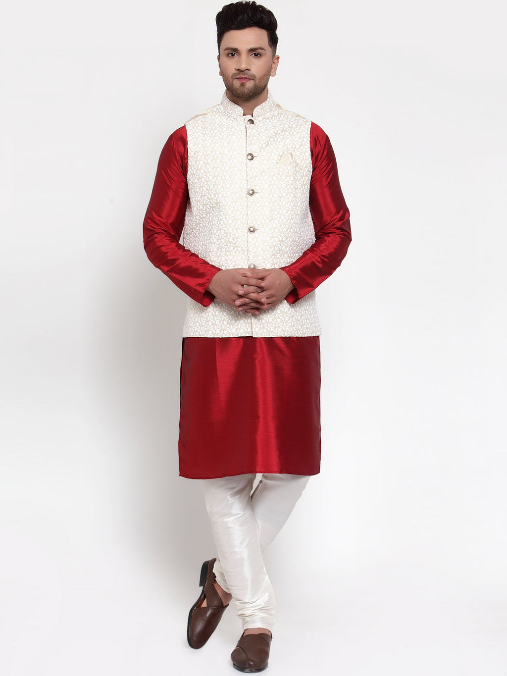 Jompers Men's Solid Dupion Kurta Pajama with Embroidered Nehru Jacket | Grocsy