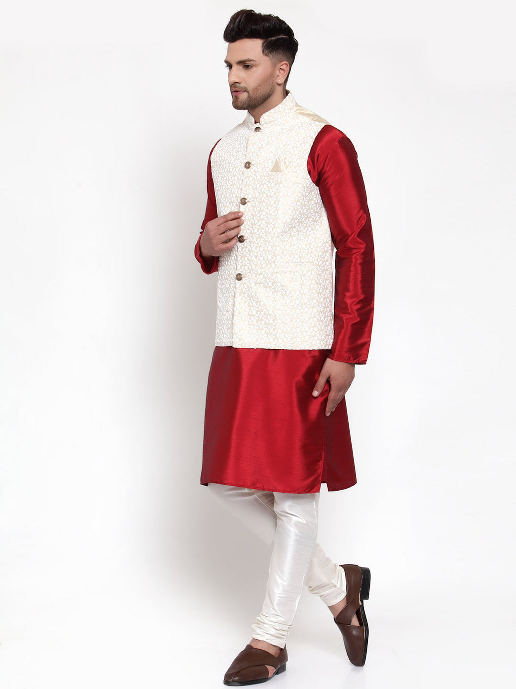 Jompers Men's Solid Dupion Kurta Pajama with Embroidered Nehru Jacket | Grocsy