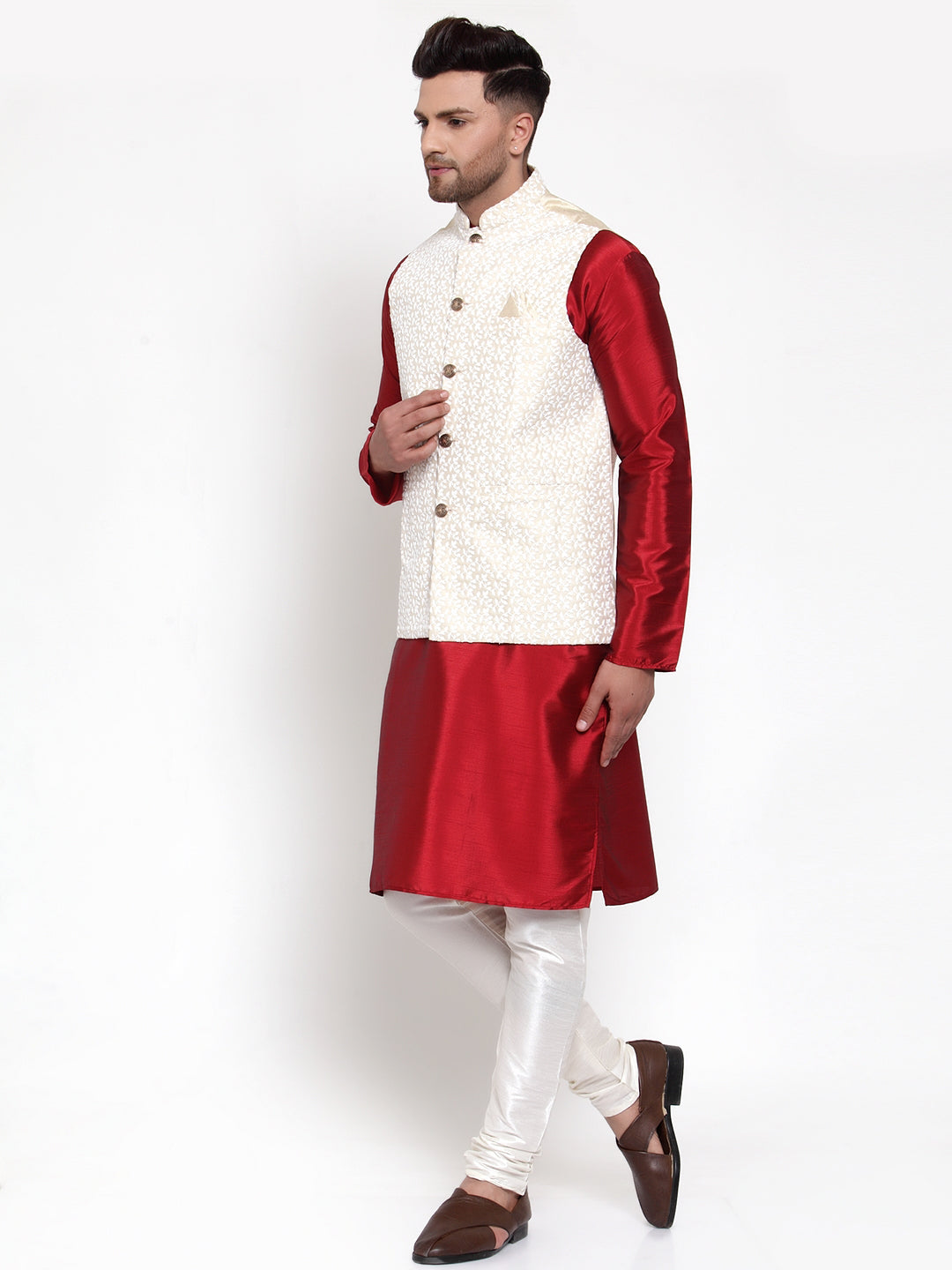 Jompers Men's Solid Dupion Kurta Pajama with Embroidered Nehru Jacket | Grocsy