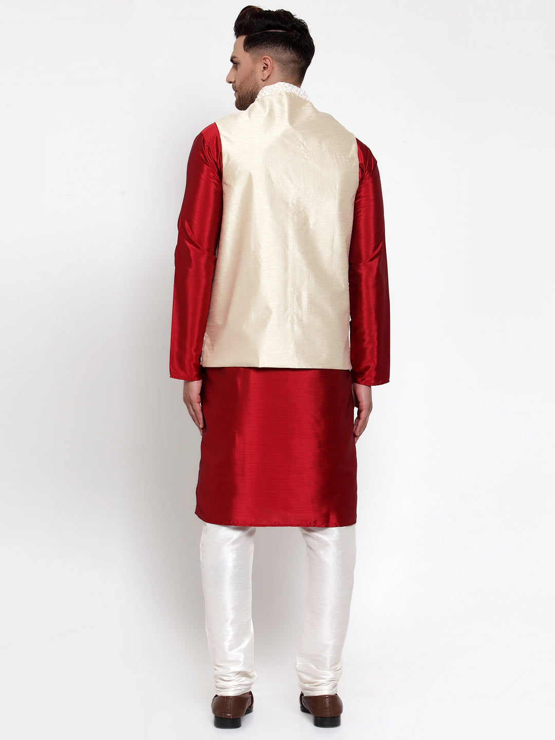 Jompers Men's Solid Dupion Kurta Pajama with Embroidered Nehru Jacket | Grocsy