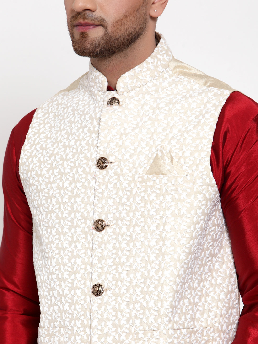 Jompers Men's Solid Dupion Kurta Pajama with Embroidered Nehru Jacket | Grocsy
