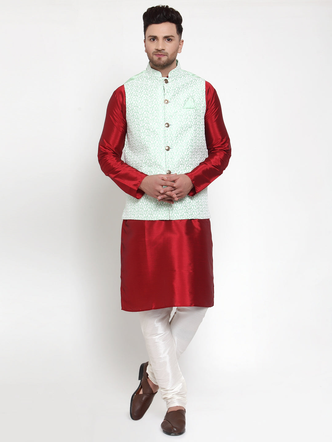 Jompers Men's Solid Dupion Kurta Pajama with Embroidered Nehru Jacket (Light-Green) | Grocsy