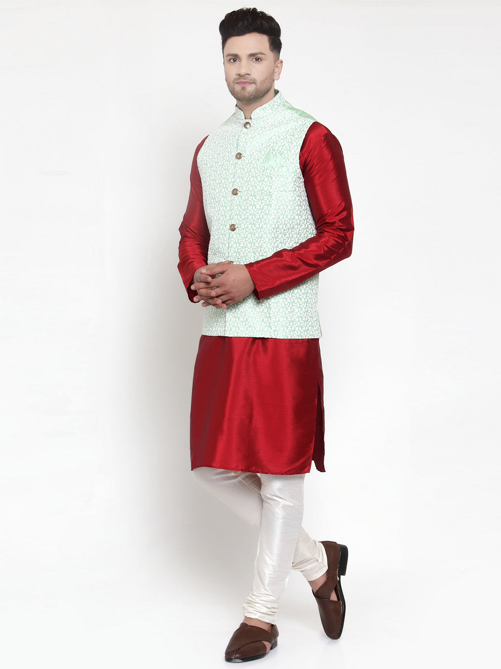 Jompers Men's Solid Dupion Kurta Pajama with Embroidered Nehru Jacket (Light-Green) | Grocsy