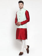 Jompers Men's Solid Dupion Kurta Pajama with Embroidered Nehru Jacket (Light-Green) | Grocsy