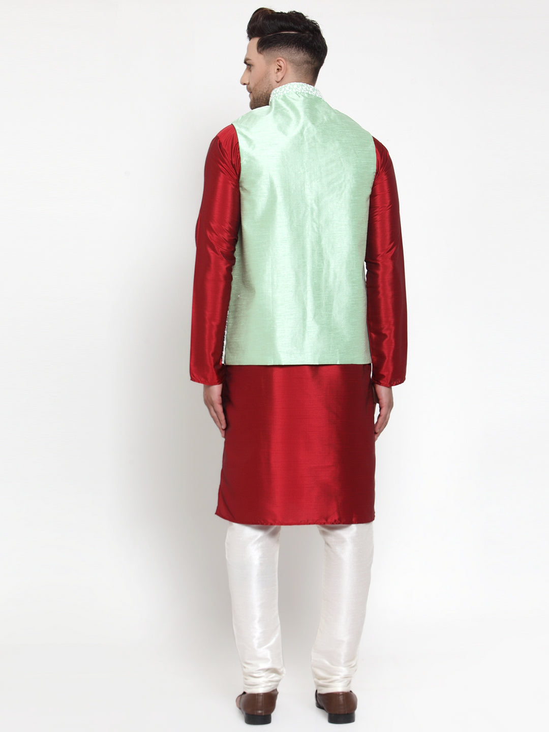 Jompers Men's Solid Dupion Kurta Pajama with Embroidered Nehru Jacket (Light-Green) | Grocsy