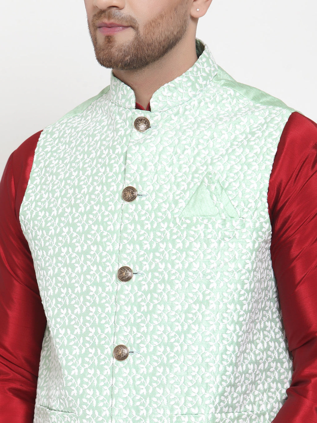 Jompers Men's Solid Dupion Kurta Pajama with Embroidered Nehru Jacket (Light-Green) | Grocsy