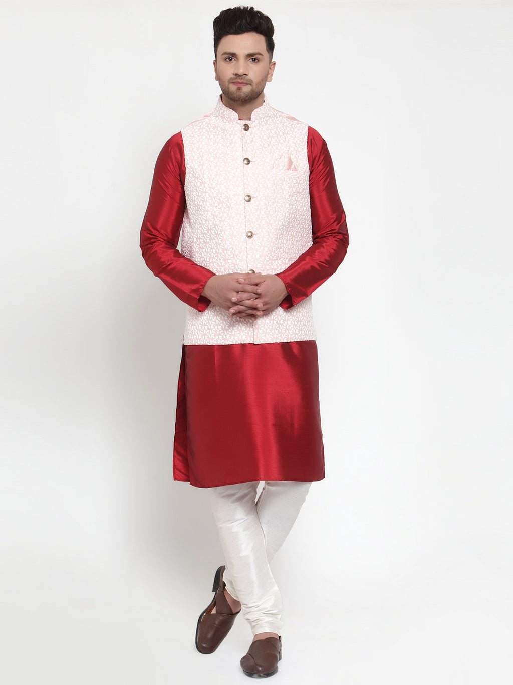 Jompers Men's Solid Dupion Kurta Pajama with Embroidered Nehru Jacket (Pink) | Grocsy