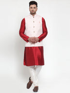 Jompers Men's Solid Dupion Kurta Pajama with Embroidered Nehru Jacket (Pink) | Grocsy