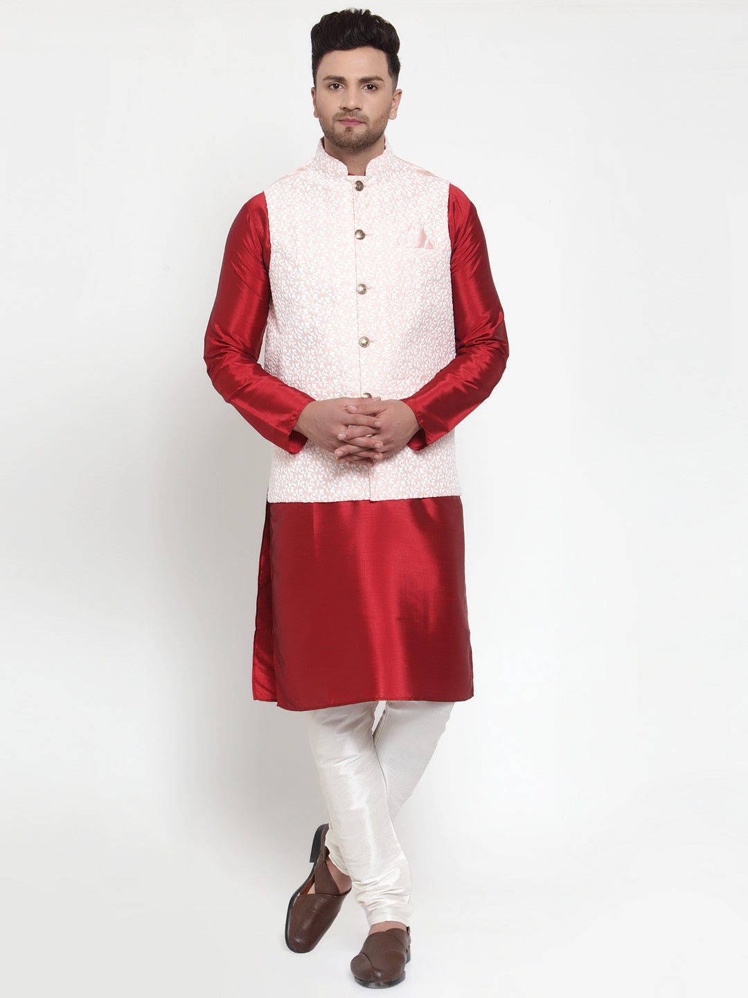 Jompers Men's Solid Dupion Kurta Pajama with Embroidered Nehru Jacket (Pink) | Grocsy