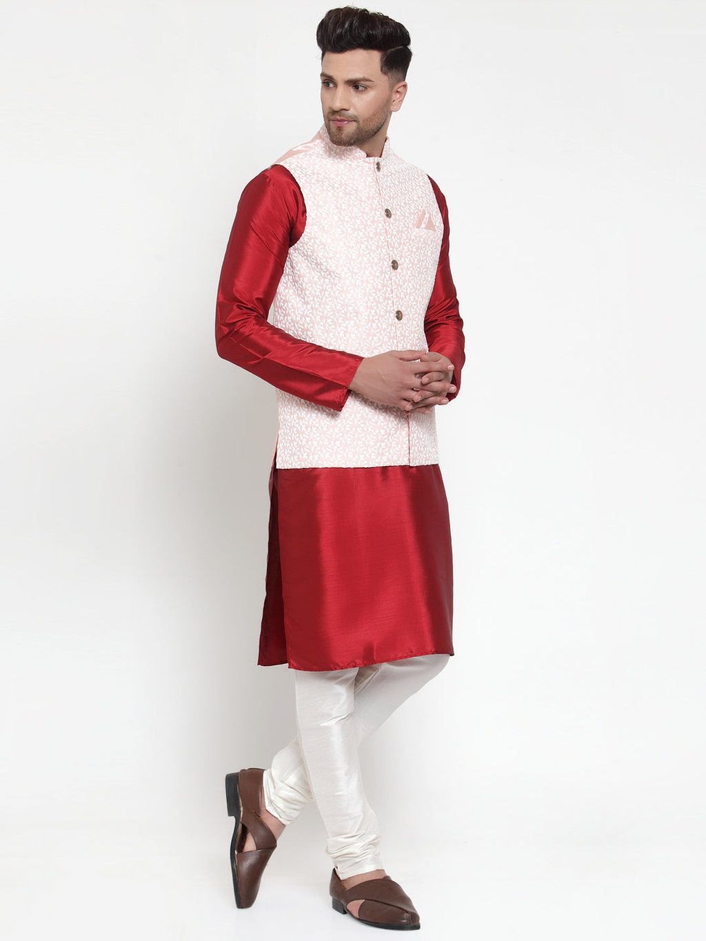 Jompers Men's Solid Dupion Kurta Pajama with Embroidered Nehru Jacket (Pink) | Grocsy