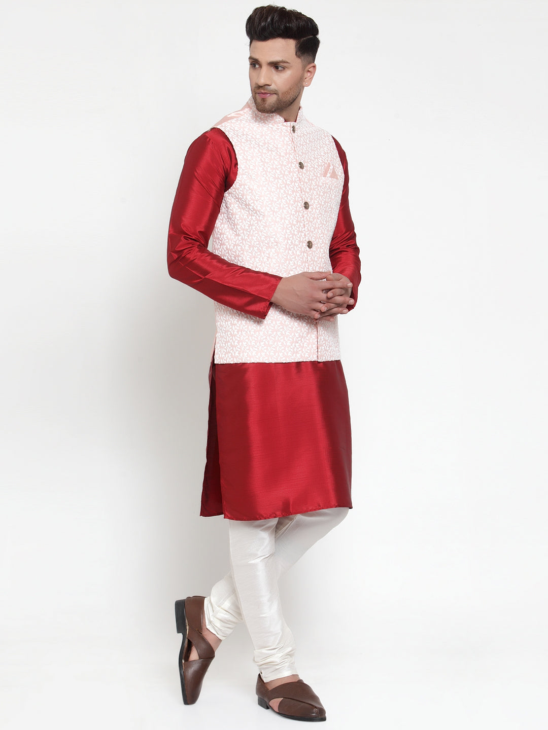 Jompers Men's Solid Dupion Kurta Pajama with Embroidered Nehru Jacket (Pink) | Grocsy