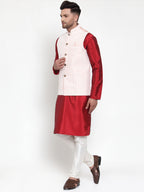 Jompers Men's Solid Dupion Kurta Pajama with Embroidered Nehru Jacket (Pink) | Grocsy
