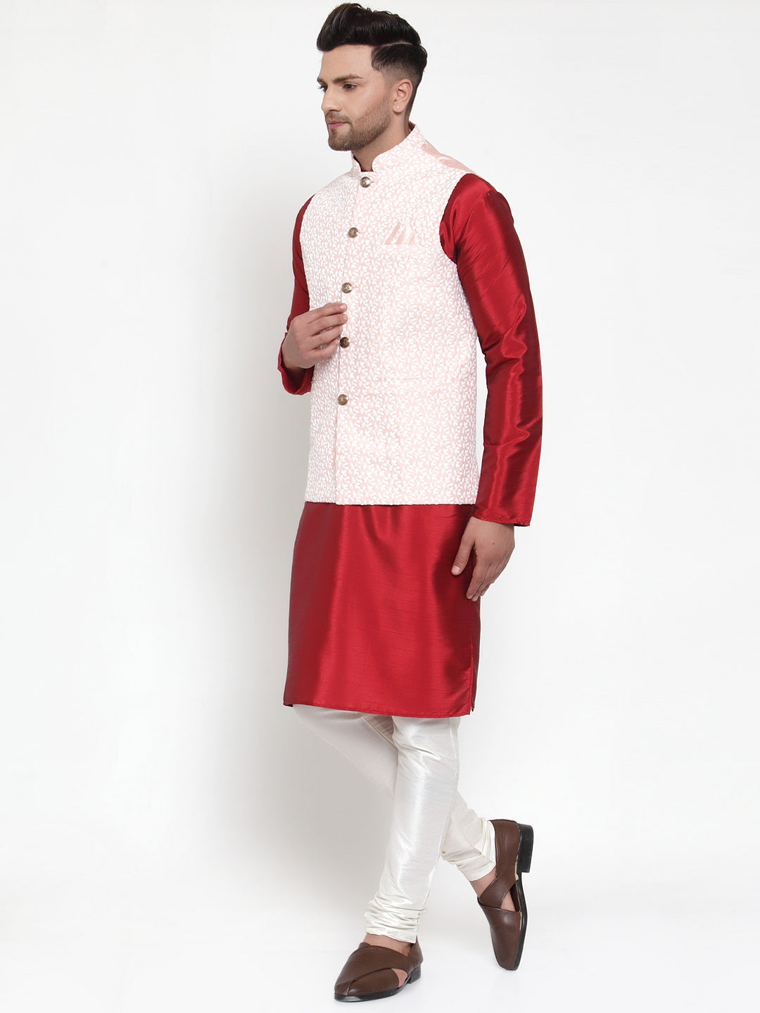 Jompers Men's Solid Dupion Kurta Pajama with Embroidered Nehru Jacket (Pink) | Grocsy