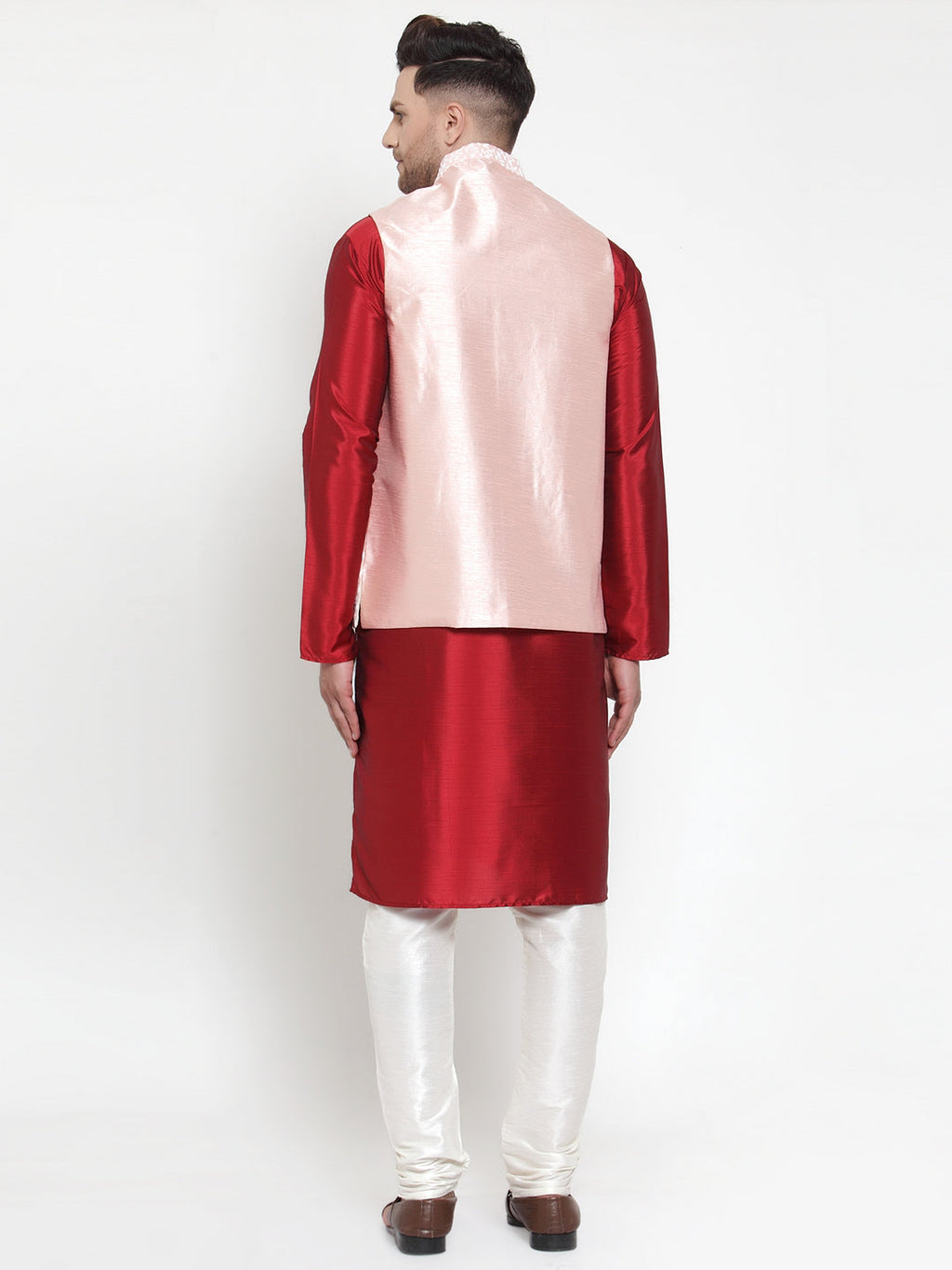 Jompers Men's Solid Dupion Kurta Pajama with Embroidered Nehru Jacket (Pink) | Grocsy