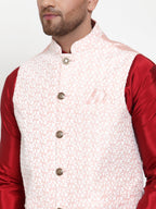 Jompers Men's Solid Dupion Kurta Pajama with Embroidered Nehru Jacket (Pink) | Grocsy