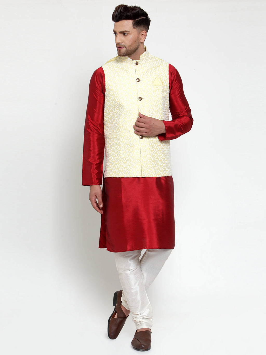 Jompers Men's Solid Dupion Kurta Pajama with Embroidered Nehru Jacket (Yellow & Maroon) | Grocsy