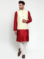 Jompers Men's Solid Dupion Kurta Pajama with Embroidered Nehru Jacket (Yellow & Maroon) | Grocsy