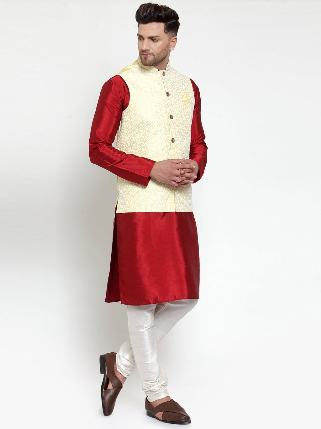 Jompers Men's Solid Dupion Kurta Pajama with Embroidered Nehru Jacket (Yellow & Maroon) | Grocsy