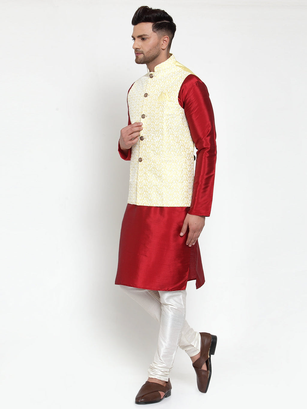 Jompers Men's Solid Dupion Kurta Pajama with Embroidered Nehru Jacket (Yellow & Maroon) | Grocsy