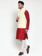 Jompers Men's Solid Dupion Kurta Pajama with Embroidered Nehru Jacket (Yellow & Maroon) | Grocsy
