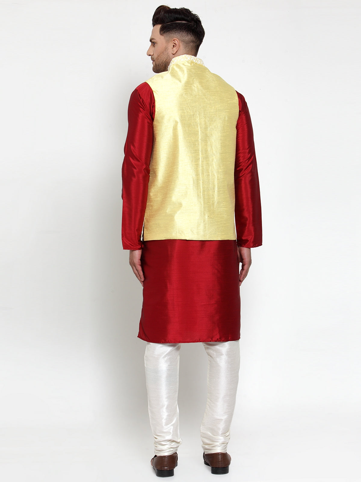 Jompers Men's Solid Dupion Kurta Pajama with Embroidered Nehru Jacket (Yellow & Maroon) | Grocsy