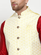 Jompers Men's Solid Dupion Kurta Pajama with Embroidered Nehru Jacket (Yellow & Maroon) | Grocsy