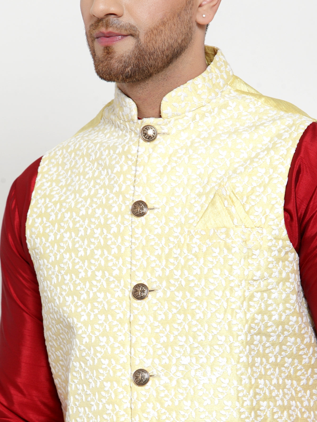 Jompers Men's Solid Dupion Kurta Pajama with Embroidered Nehru Jacket (Yellow & Maroon) | Grocsy
