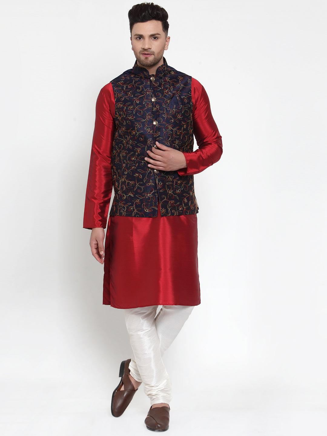 Jompers Men's Solid Dupion Kurta Pajama with Woven Nehru Jacket | Grocsy