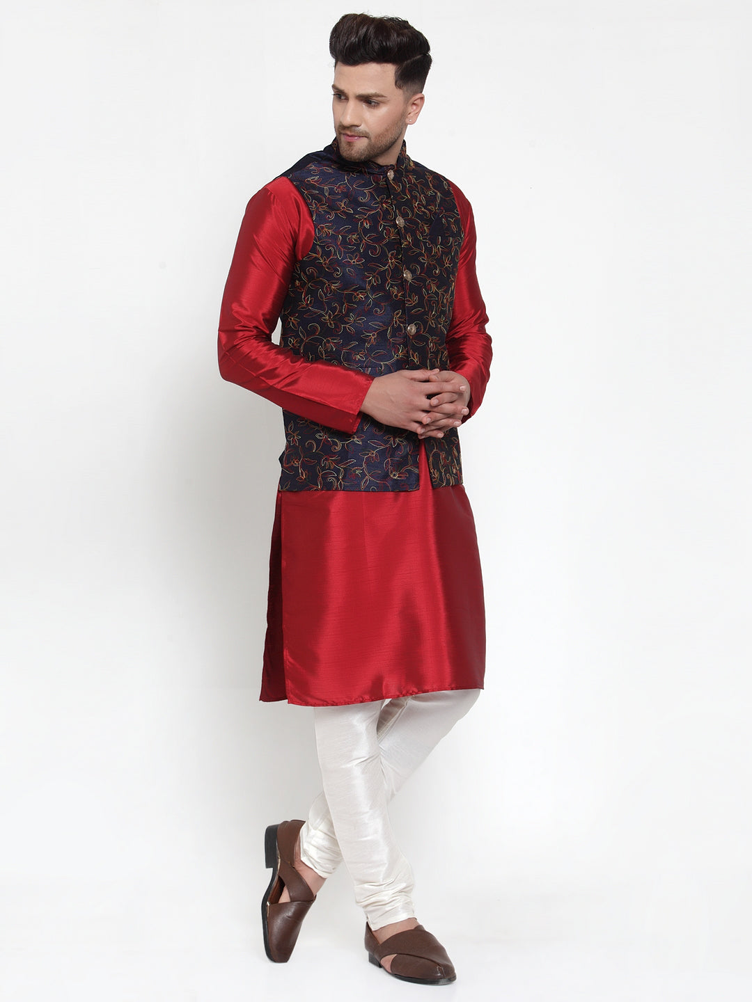 Jompers Men's Solid Dupion Kurta Pajama with Woven Nehru Jacket | Grocsy