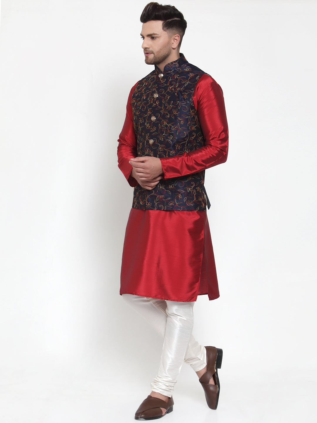 Jompers Men's Solid Dupion Kurta Pajama with Woven Nehru Jacket | Grocsy
