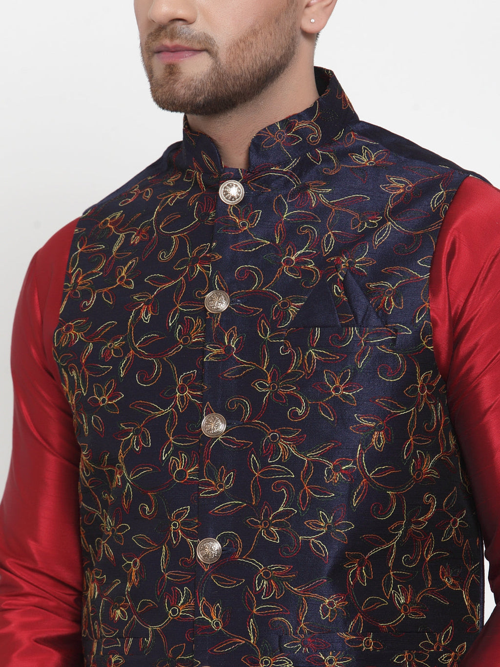 Jompers Men's Solid Dupion Kurta Pajama with Woven Nehru Jacket | Grocsy