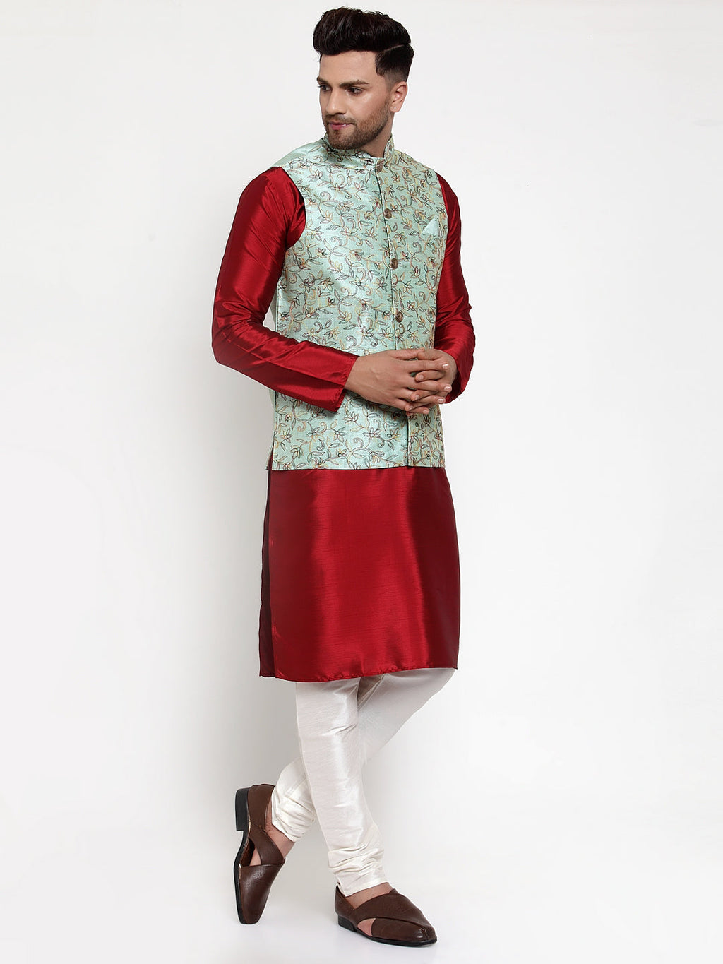 Jompers Men's Solid Dupion Kurta Pajama with Woven Nehru Jacket (Sky) (JOKPWC_M-D_4013Sky) | Grocsy