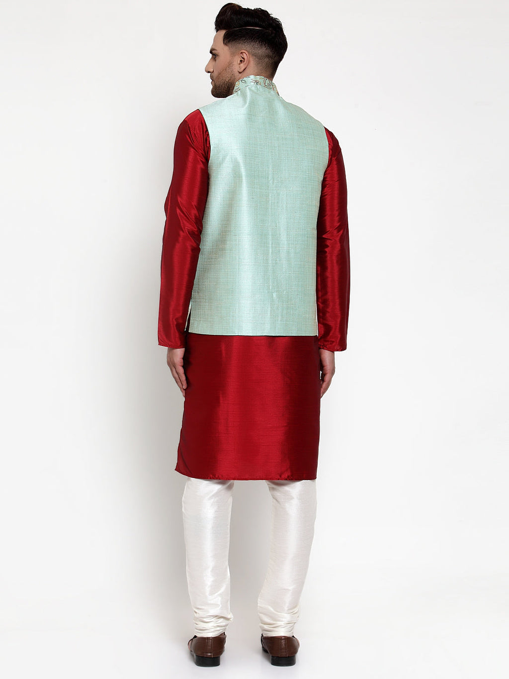 Jompers Men's Solid Dupion Kurta Pajama with Woven Nehru Jacket (Sky) (JOKPWC_M-D_4013Sky) | Grocsy