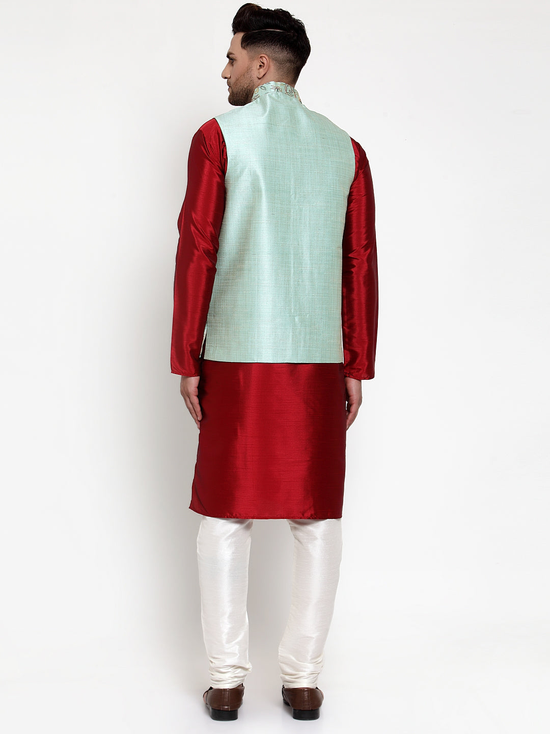 Jompers Men's Solid Dupion Kurta Pajama with Woven Nehru Jacket (Sky) (JOKPWC_M-D_4013Sky) | Grocsy