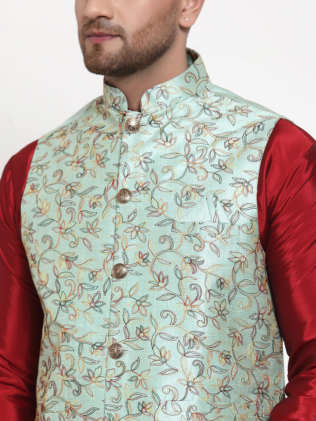 Jompers Men's Solid Dupion Kurta Pajama with Woven Nehru Jacket (Sky) (JOKPWC_M-D_4013Sky) | Grocsy