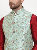 Jompers Men's Solid Dupion Kurta Pajama with Woven Nehru Jacket (Sky) (JOKPWC_M-D_4013Sky) | Grocsy