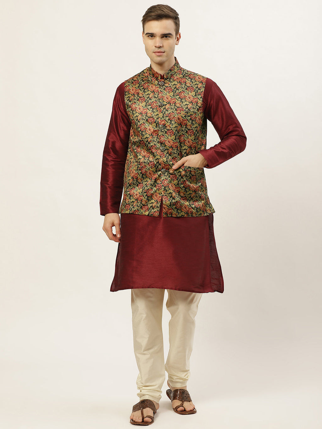 Jompers Men's Printed Nehru Jacket and Kurta Pyjama Set - Black | Grocsy