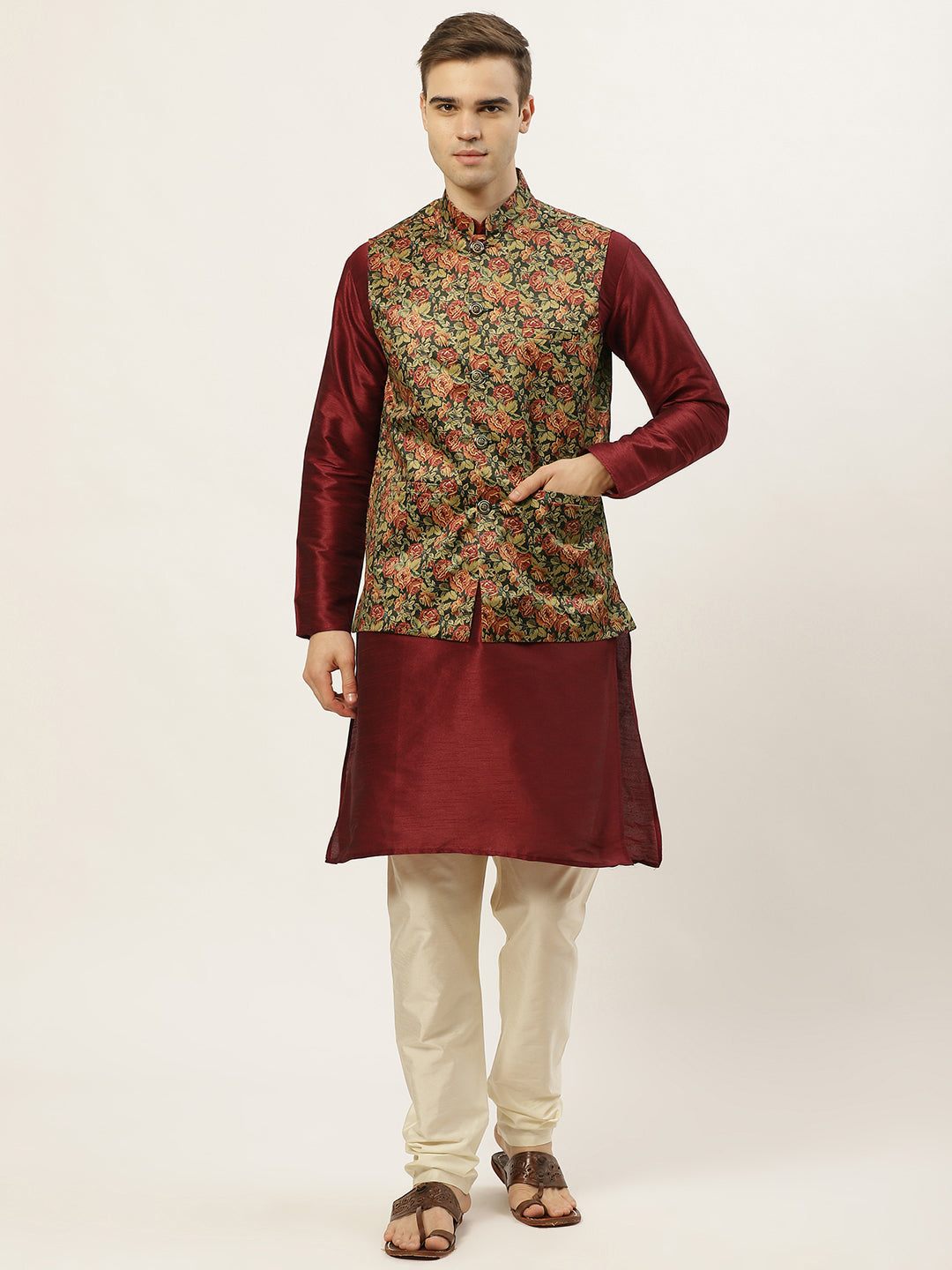 Jompers Men's Printed Nehru Jacket and Kurta Pyjama Set - Black | Grocsy