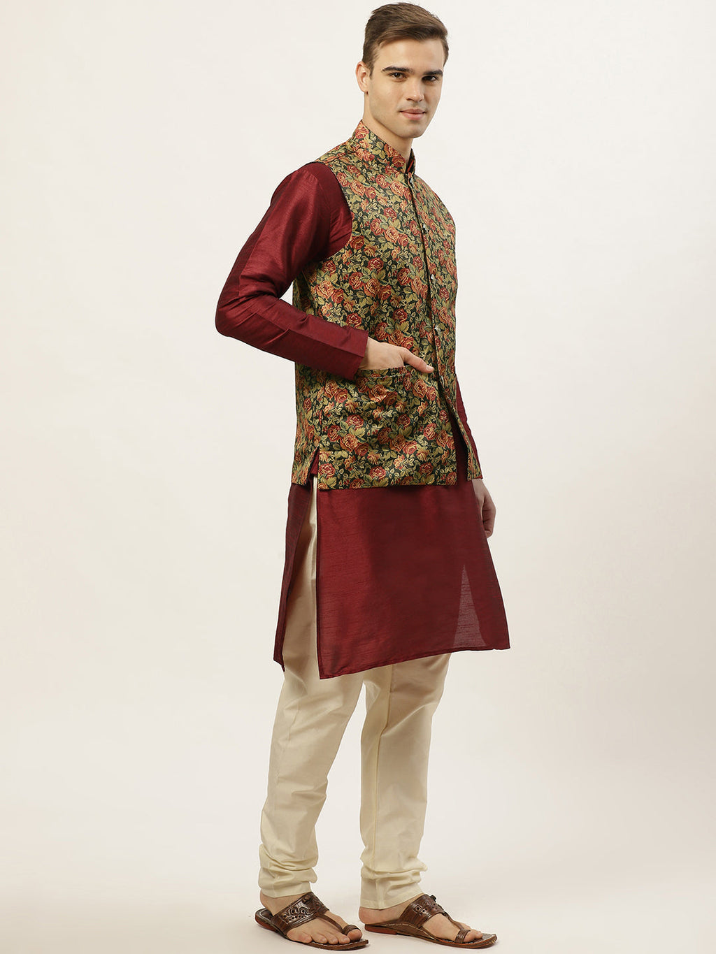 Jompers Men's Printed Nehru Jacket and Kurta Pyjama Set - Black | Grocsy