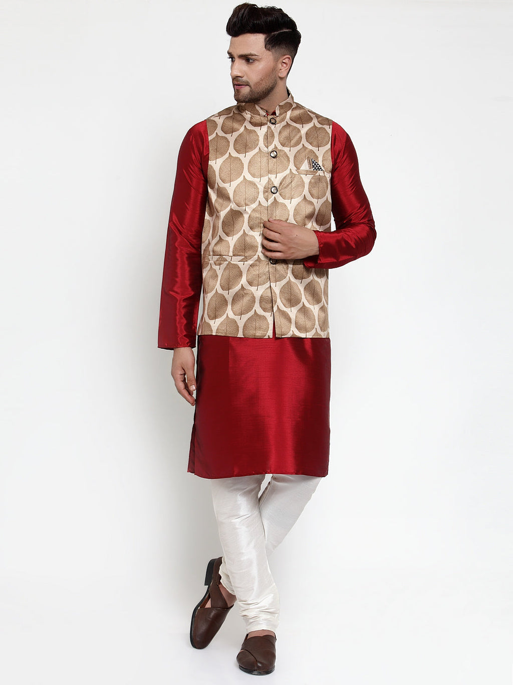 Jompers Men's Solid Dupion Kurta Pajama with Printed Nehru Jacket (Brown) | Grocsy