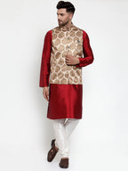 Jompers Men's Solid Dupion Kurta Pajama with Printed Nehru Jacket (Brown) | Grocsy