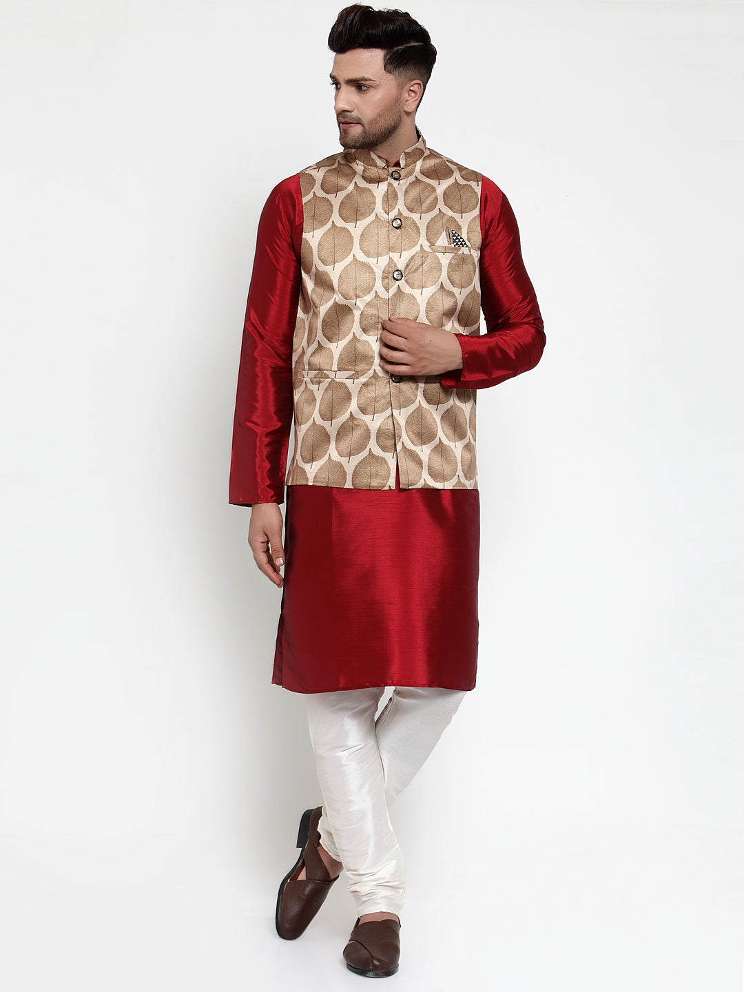 Jompers Men's Solid Dupion Kurta Pajama with Printed Nehru Jacket (Brown) | Grocsy